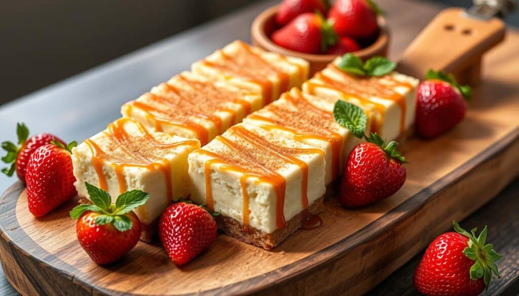 churro cheesecake bars presentation