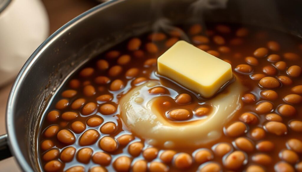 Adding butter to pinto beans for a creamy texture