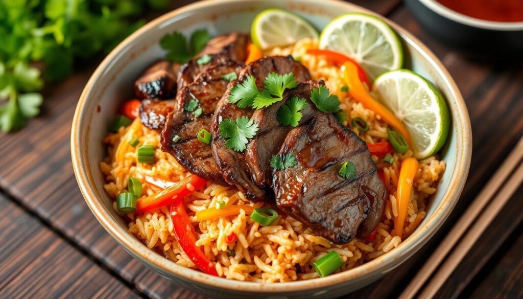 Thai steak fried rice with vegetables and sauces