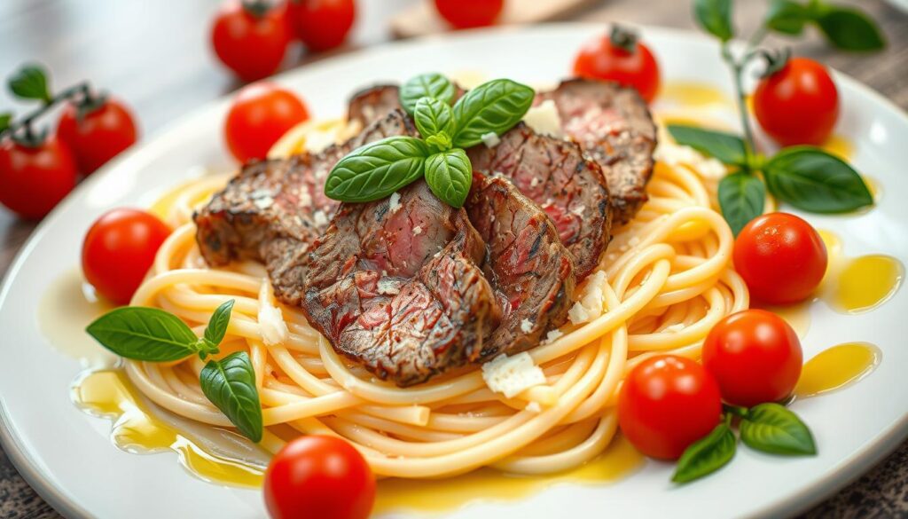 sirloin steak with pasta